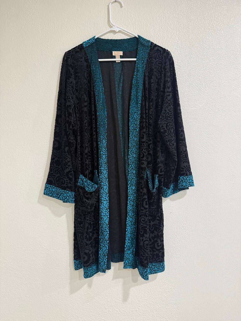 LOGO Lavish Lori Goldstein Burnout Velvet Kimono Duster Black Teal Boho Size 1X